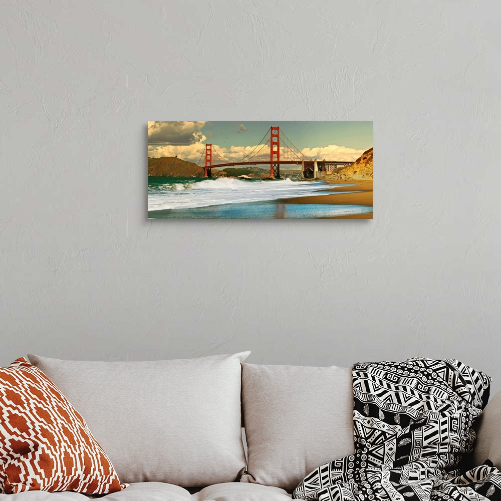 A bohemian room featuring Panoramic view on Golden Gate bridge as seen from Baker Beach in San Francisco, California.