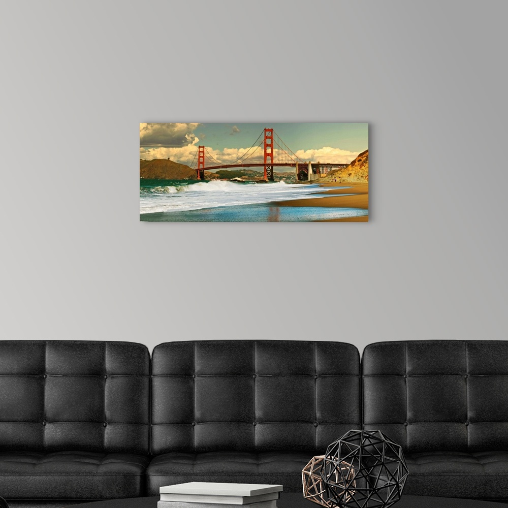 A modern room featuring Panoramic view on Golden Gate bridge as seen from Baker Beach in San Francisco, California.