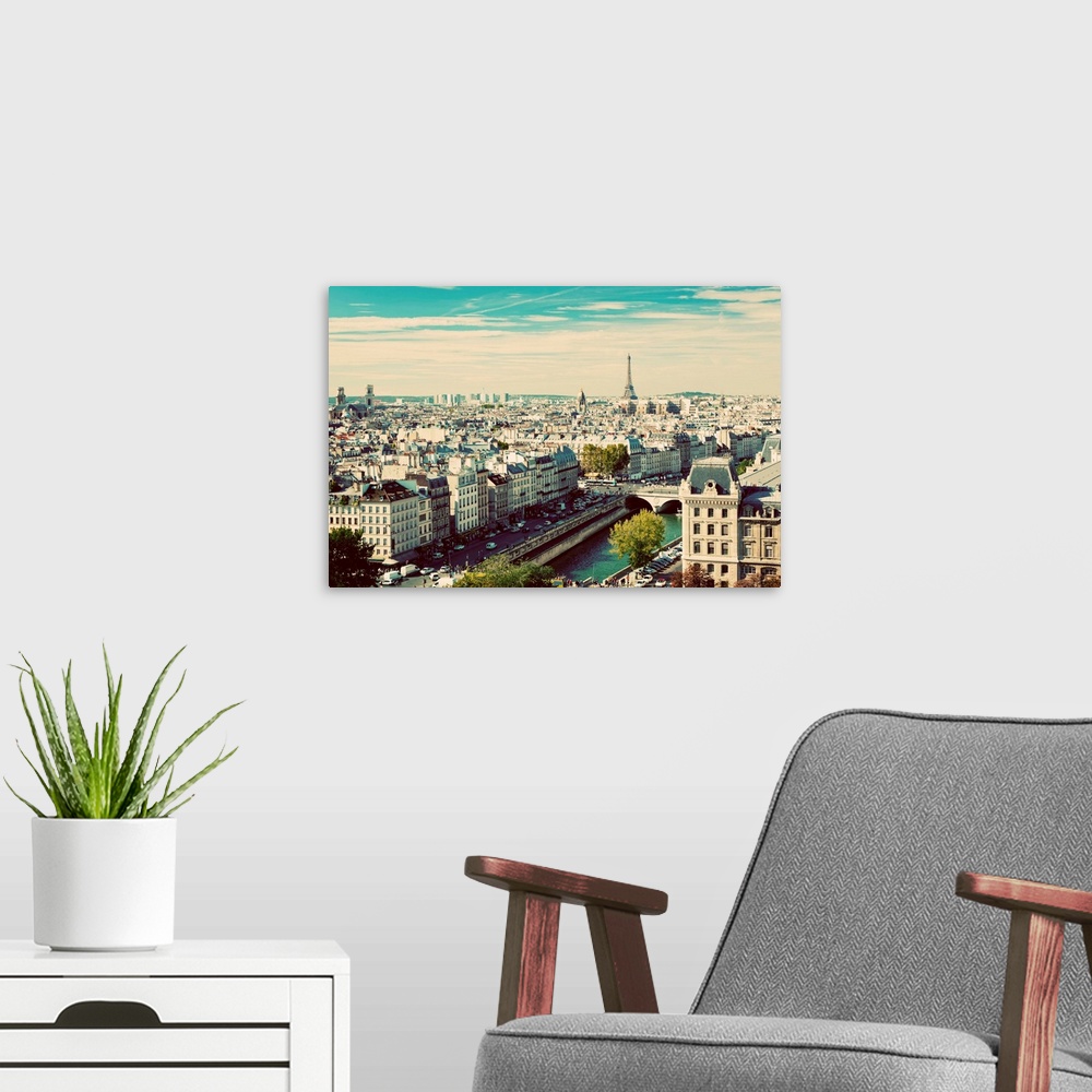 A modern room featuring Paris panorama, France. View on Eiffel Tower and Seine river from Notre Dame Cathedral. Vintage, ...