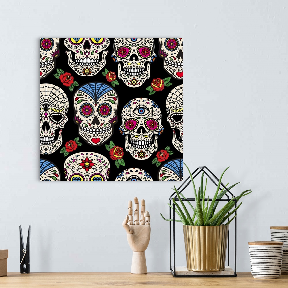 A bohemian room featuring Pattern With Mexican Sugar Skulls And Roses