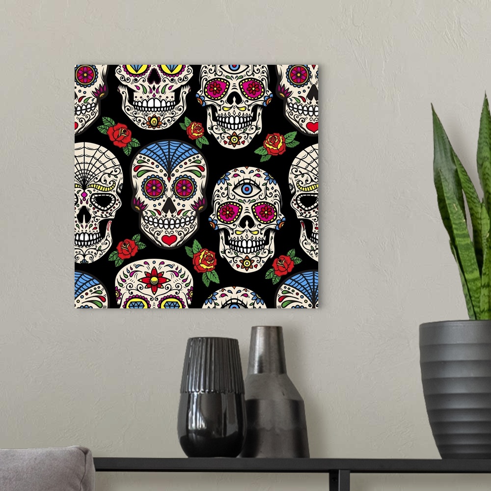 A modern room featuring Pattern With Mexican Sugar Skulls And Roses