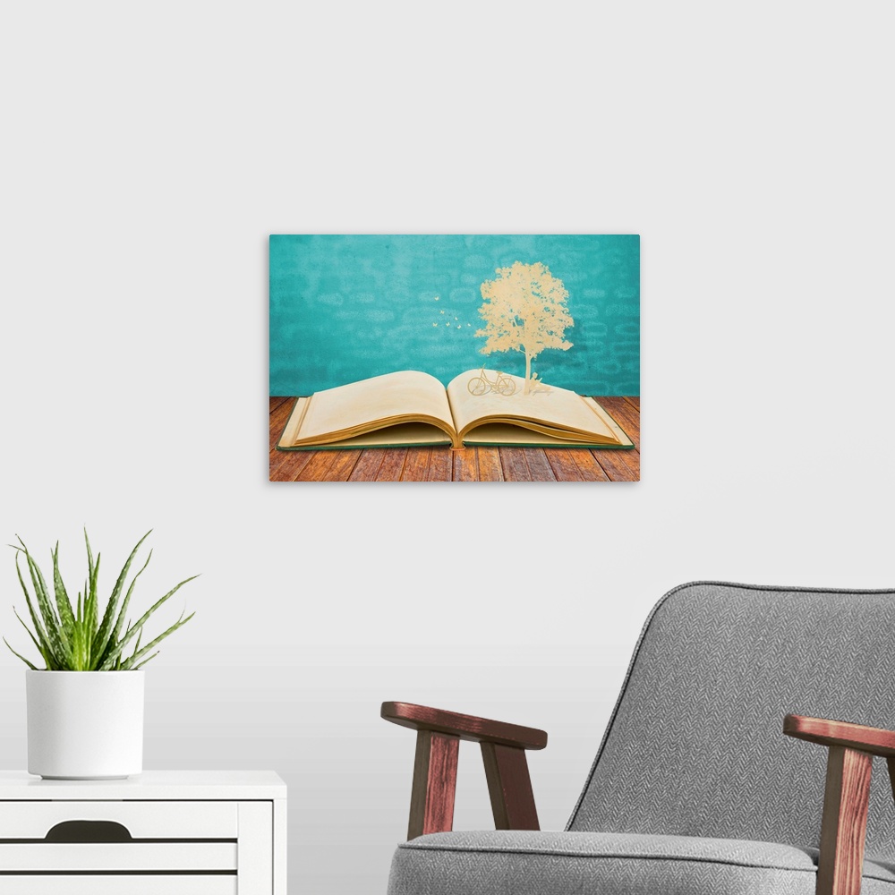 A modern room featuring Paper cut of children read a book under tree on old book