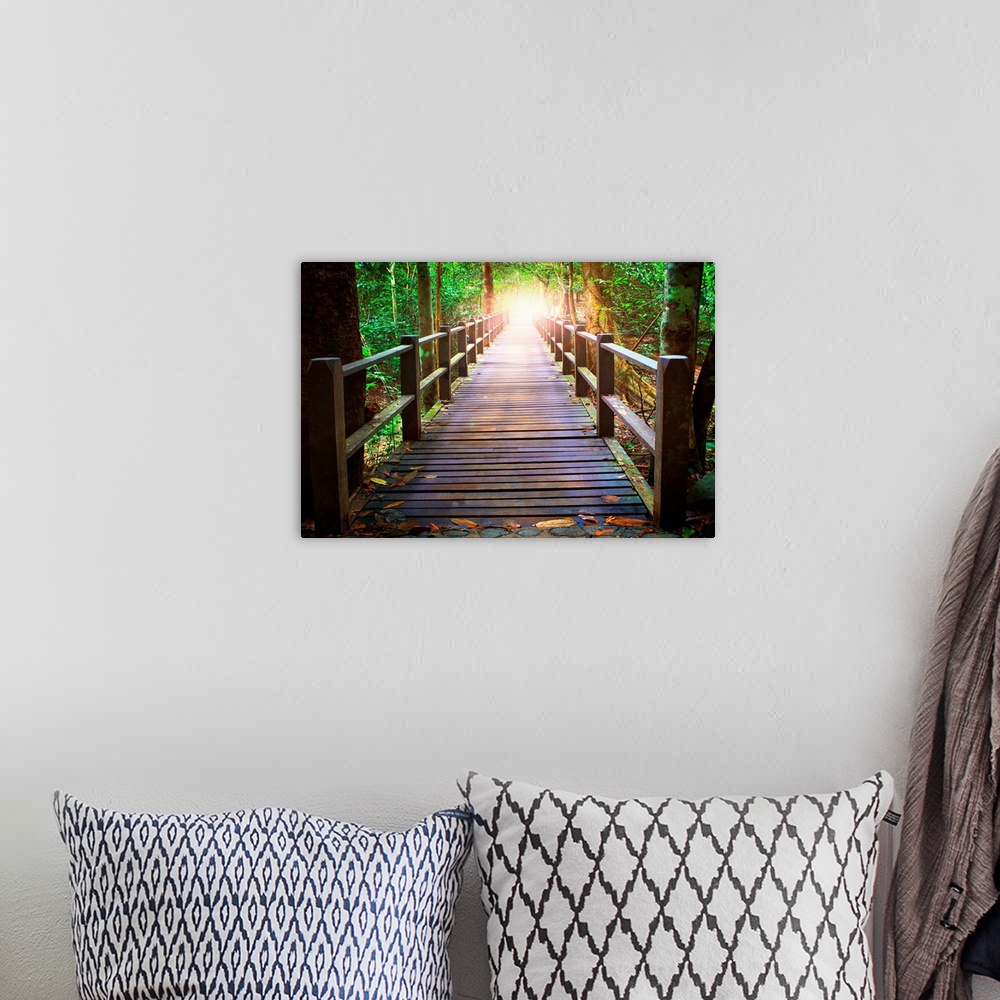 A bohemian room featuring Perspective of wood bridge in deep forest crossing stream and glowing light.