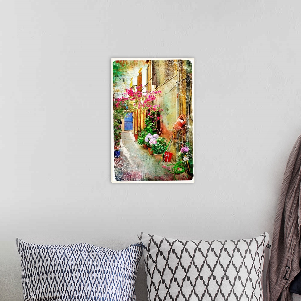 A bohemian room featuring pictorial courtyards of Greece- artwork in retro painting style