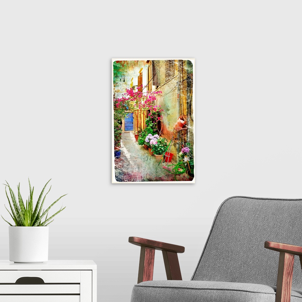 A modern room featuring pictorial courtyards of Greece- artwork in retro painting style