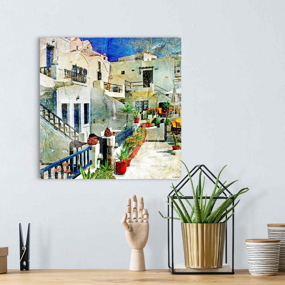 A bohemian room featuring pictorial courtyards of Santorini -artwork in painting style
