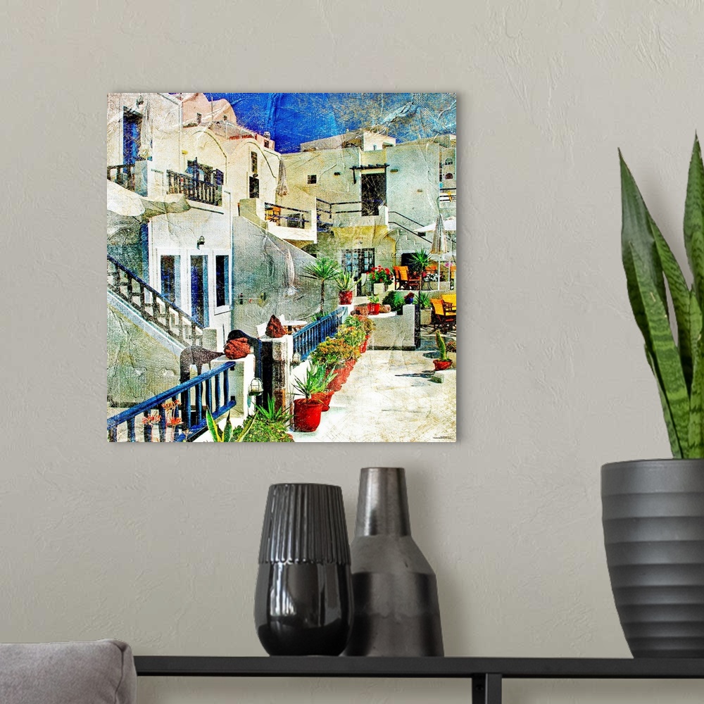 A modern room featuring pictorial courtyards of Santorini -artwork in painting style