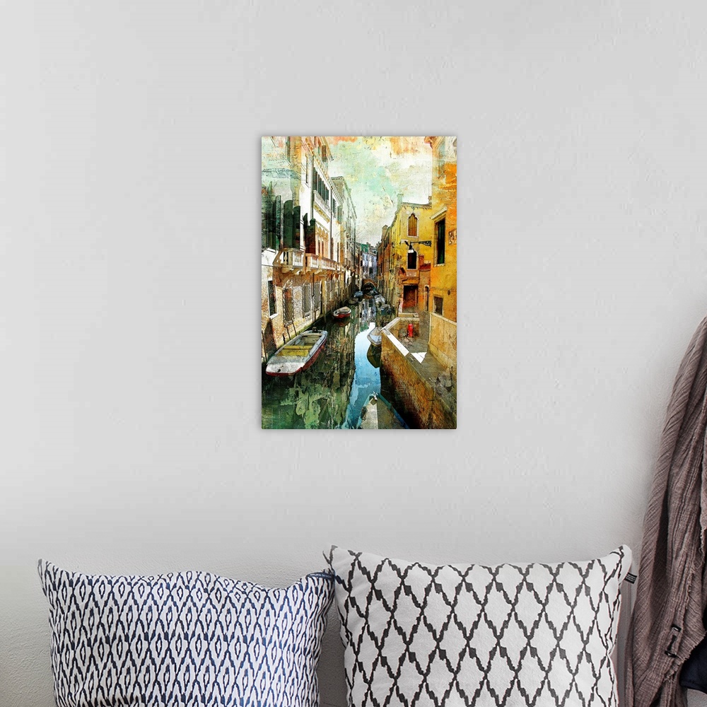 A bohemian room featuring pictorial Venetian streets - artwork in painting style