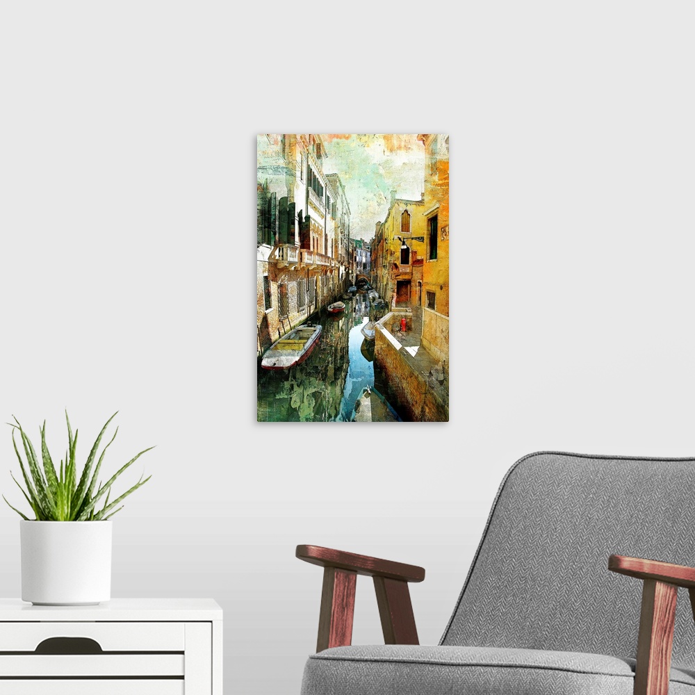 A modern room featuring pictorial Venetian streets - artwork in painting style