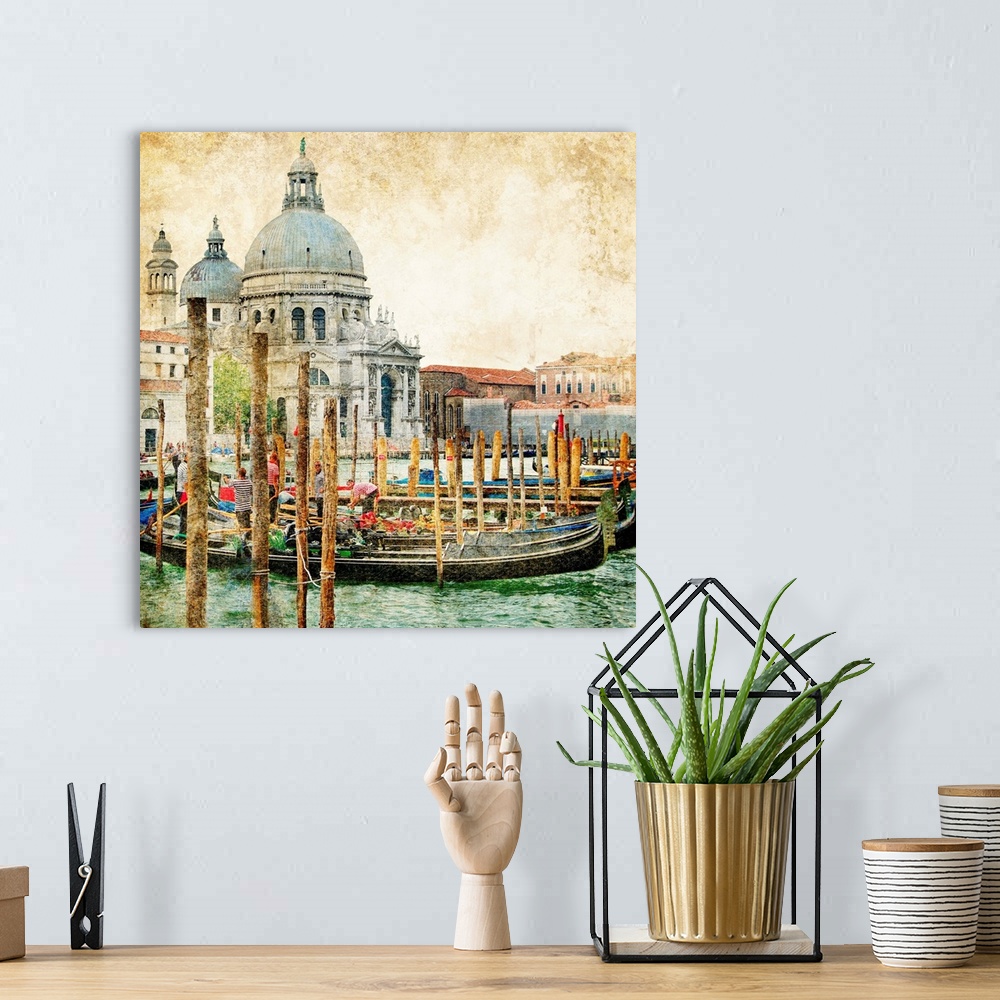 A bohemian room featuring pictorial Venice - artwork in painting style