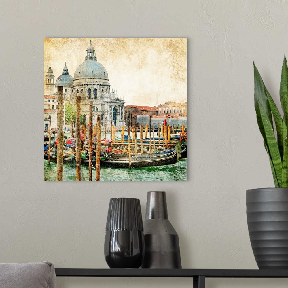 A modern room featuring pictorial Venice - artwork in painting style