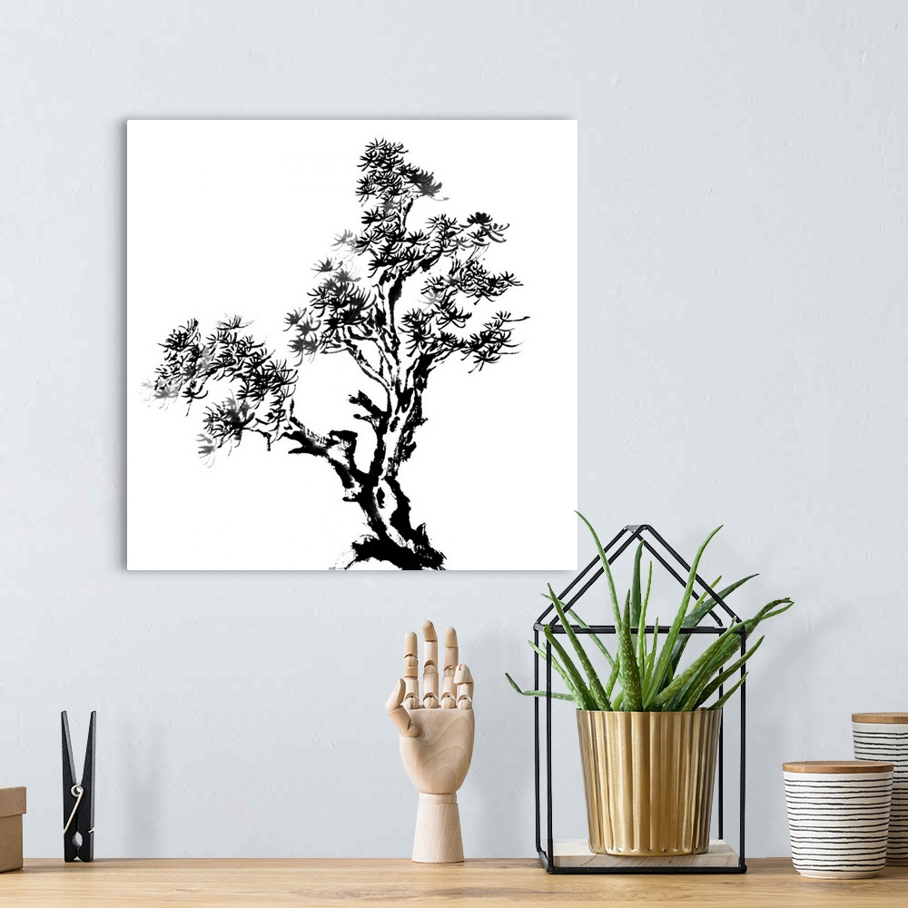 A bohemian room featuring Chinese traditional ink painting, pine tree on white background.