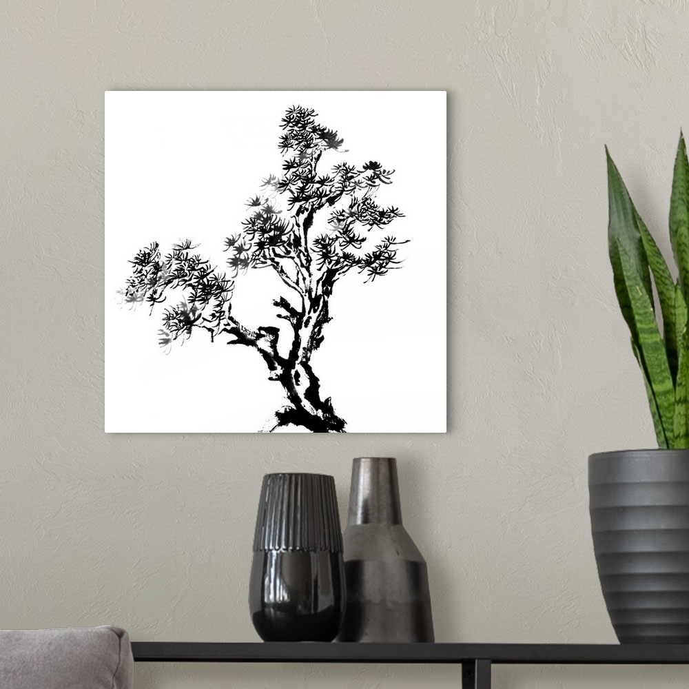 A modern room featuring Chinese traditional ink painting, pine tree on white background.