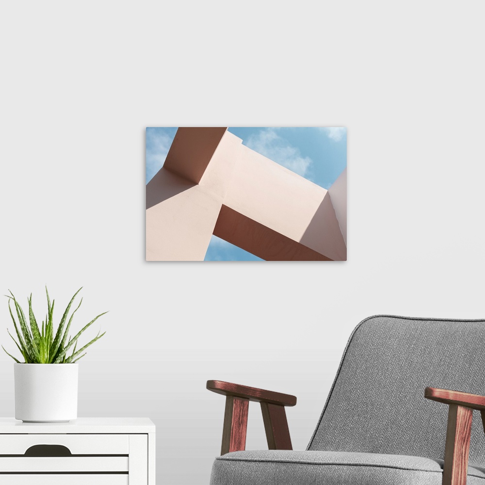 A modern room featuring Pink Abstract Modern Architecture Fragment Under Blue Sky On A Sunny Day