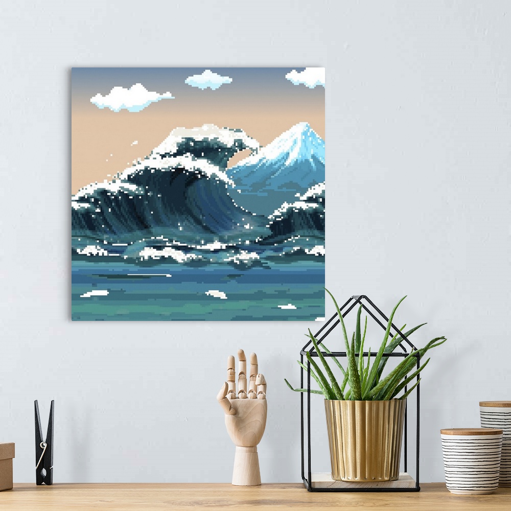 A bohemian room featuring Pixel art of 19th century great wave with mount fuji. Originally 8 bit vector.