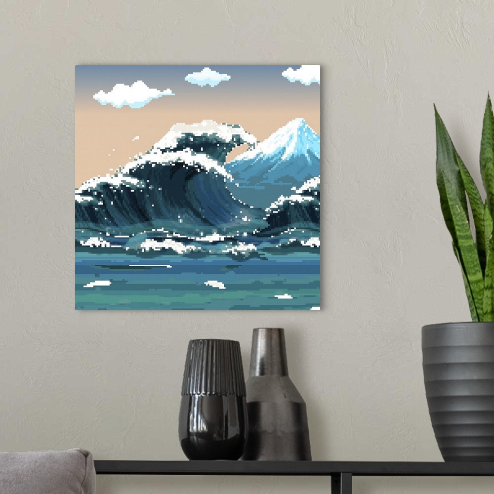 A modern room featuring Pixel art of 19th century great wave with mount fuji. Originally 8 bit vector.