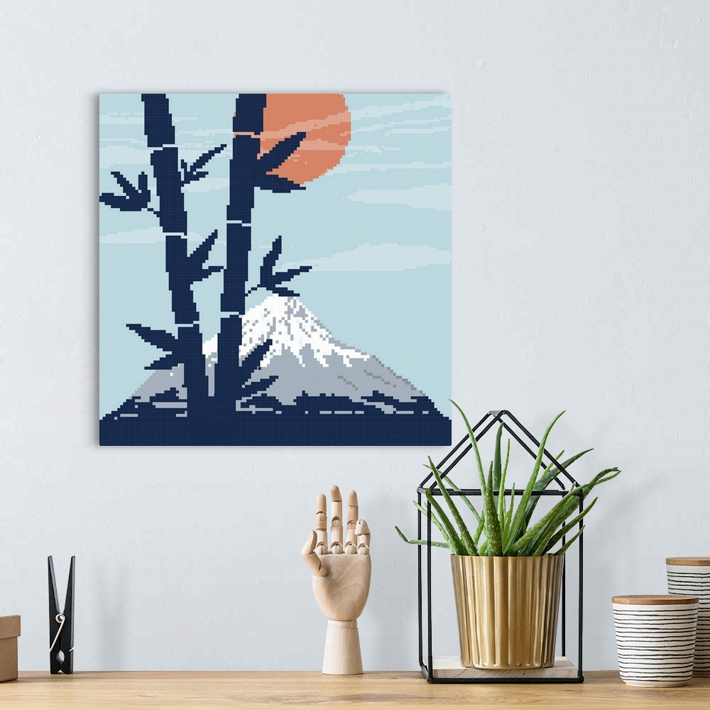 A bohemian room featuring Pixel bamboo, mountain fuji and red sun.