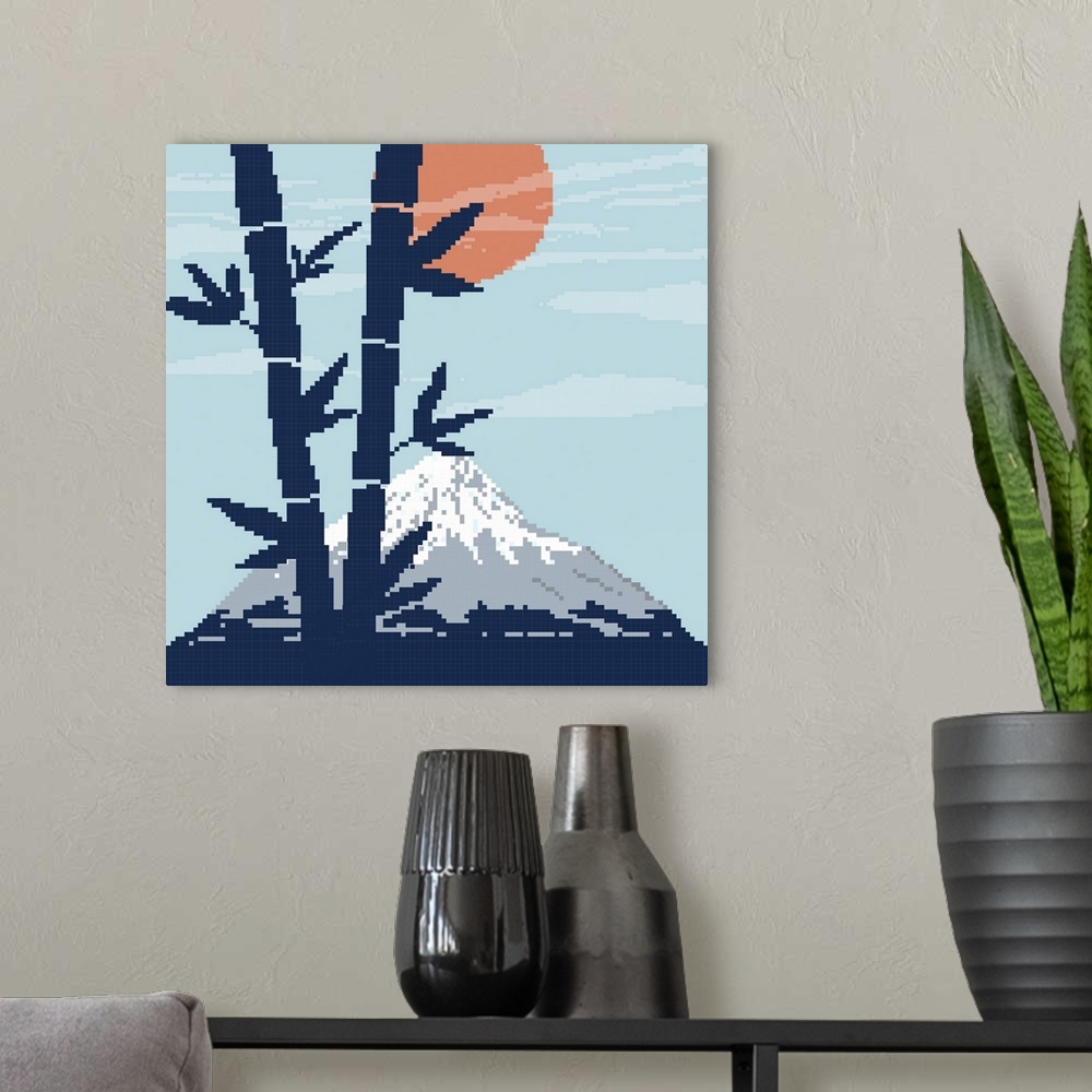 A modern room featuring Pixel bamboo, mountain fuji and red sun.