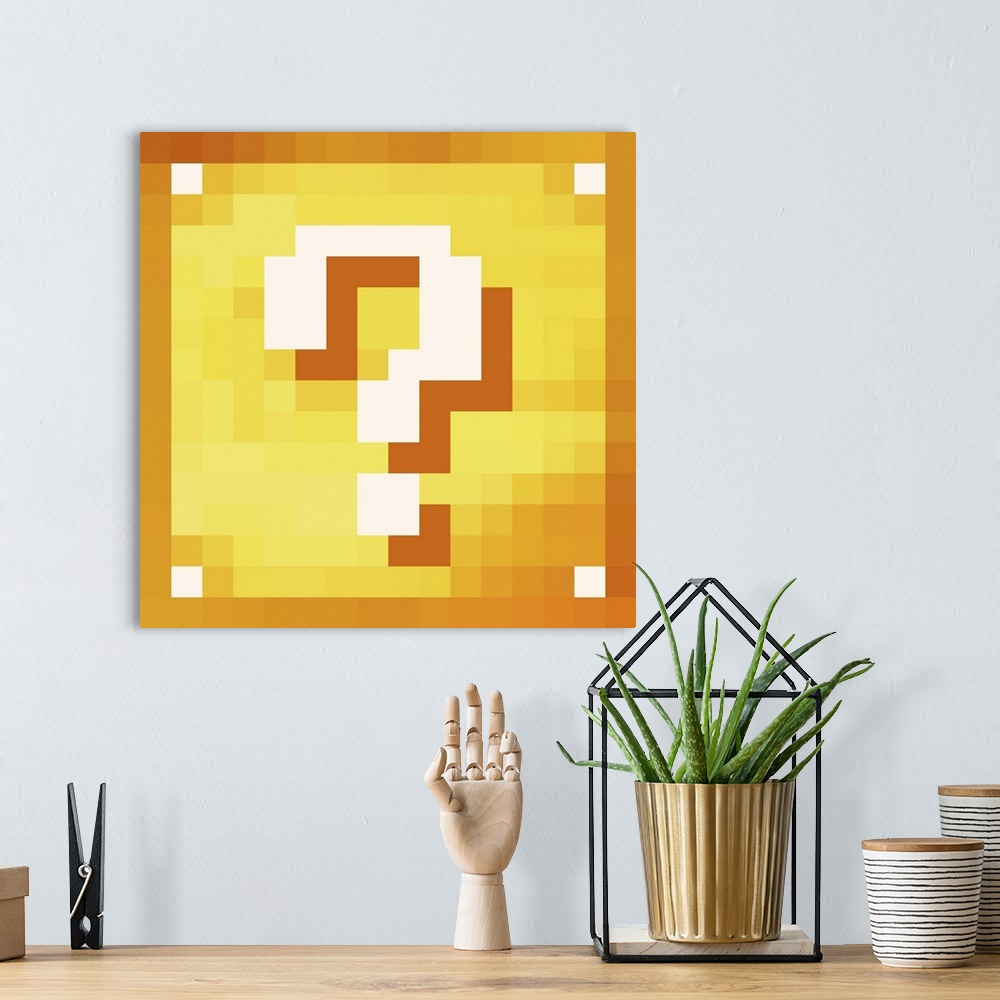 A bohemian room featuring Lucky block. Color pixel box with question mark. Originally a vector illustration.
