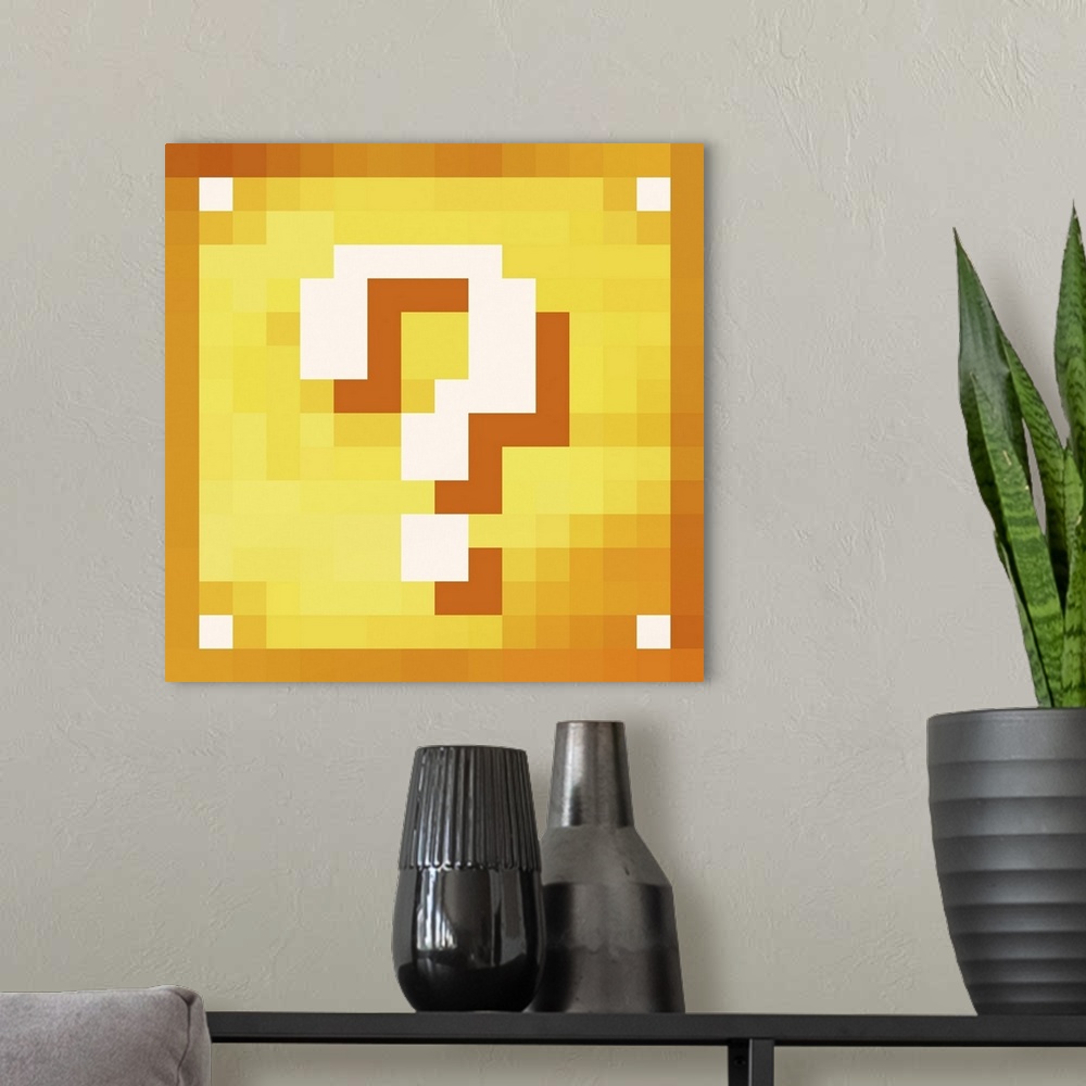 A modern room featuring Lucky block. Color pixel box with question mark. Originally a vector illustration.