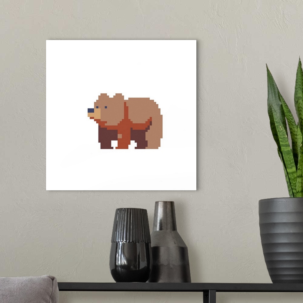 A modern room featuring Brown bear character. 8-bit icon. Originally a vector illustration.