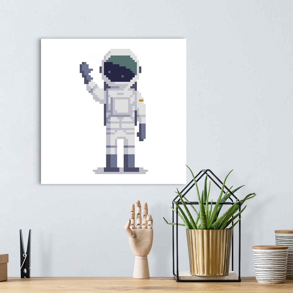 A bohemian room featuring Cosmonaut isolated on white background. Astronaut pixel illustration. Spaceman character.