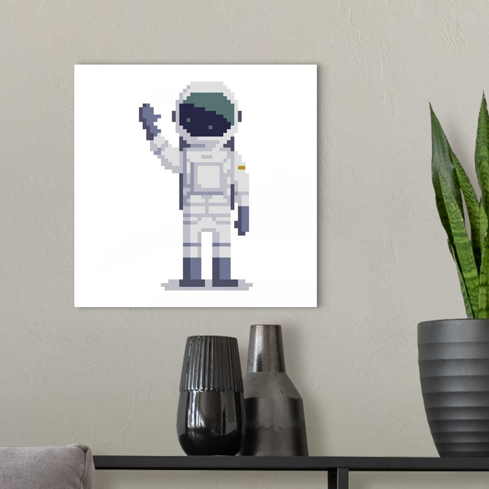 A modern room featuring Cosmonaut isolated on white background. Astronaut pixel illustration. Spaceman character.