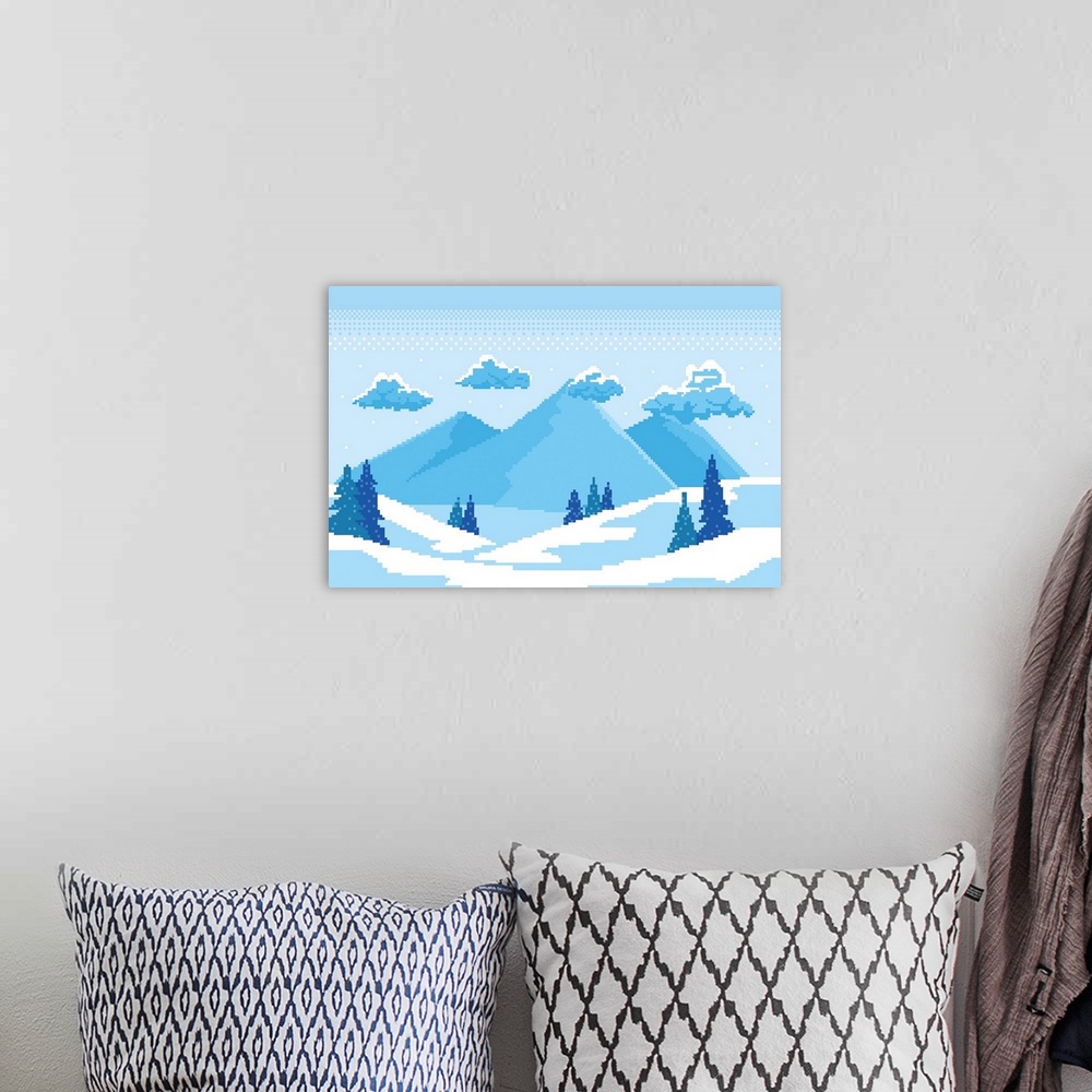 A bohemian room featuring Winter pixel art. Winter fir trees covered in white snow.