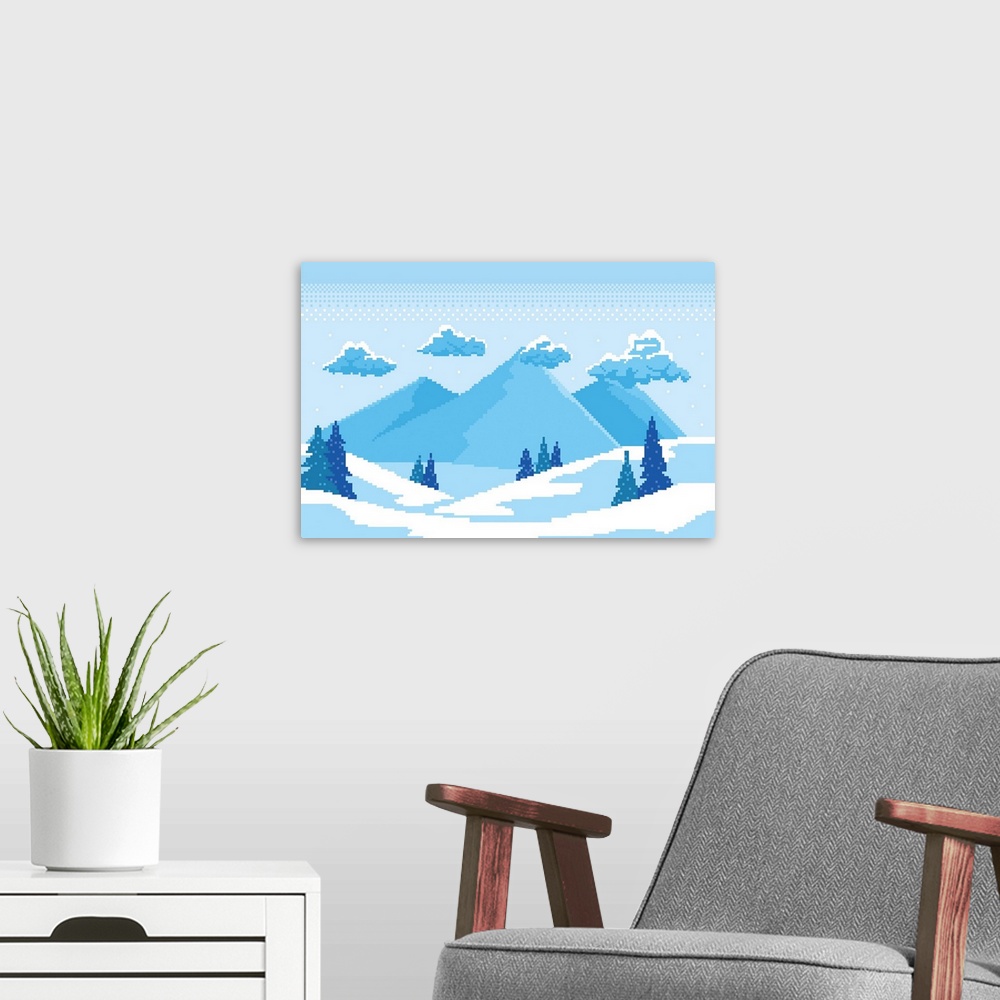 A modern room featuring Winter pixel art. Winter fir trees covered in white snow.