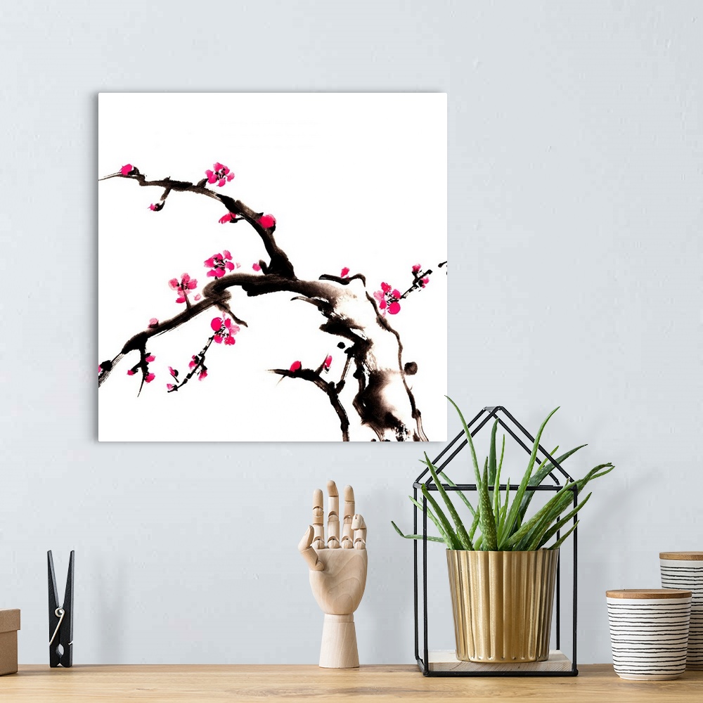 A bohemian room featuring Chinese painting of flowers, plum blossom, on white background