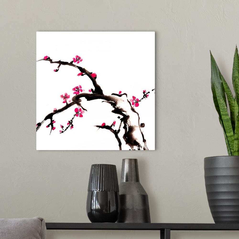 A modern room featuring Chinese painting of flowers, plum blossom, on white background