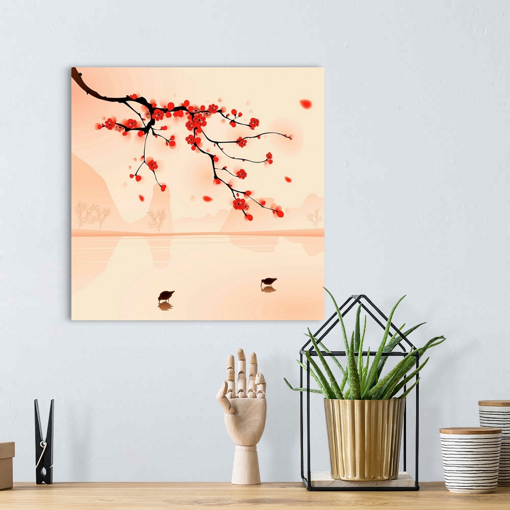 A bohemian room featuring oriental style painting, plum blossom in spring