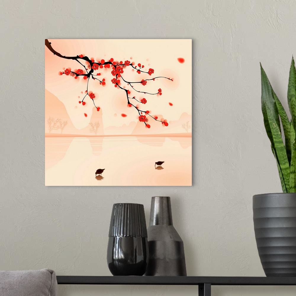 A modern room featuring oriental style painting, plum blossom in spring