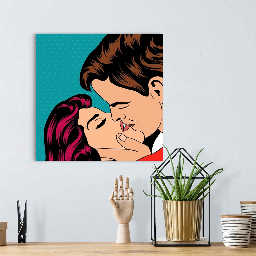 A bohemian room featuring Pop Art stylized couple kissing each other