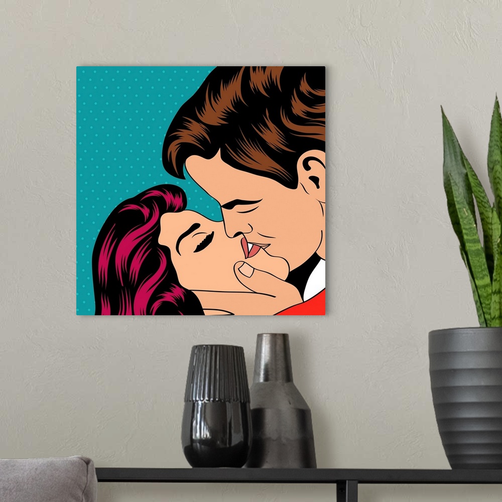 A modern room featuring Pop Art stylized couple kissing each other
