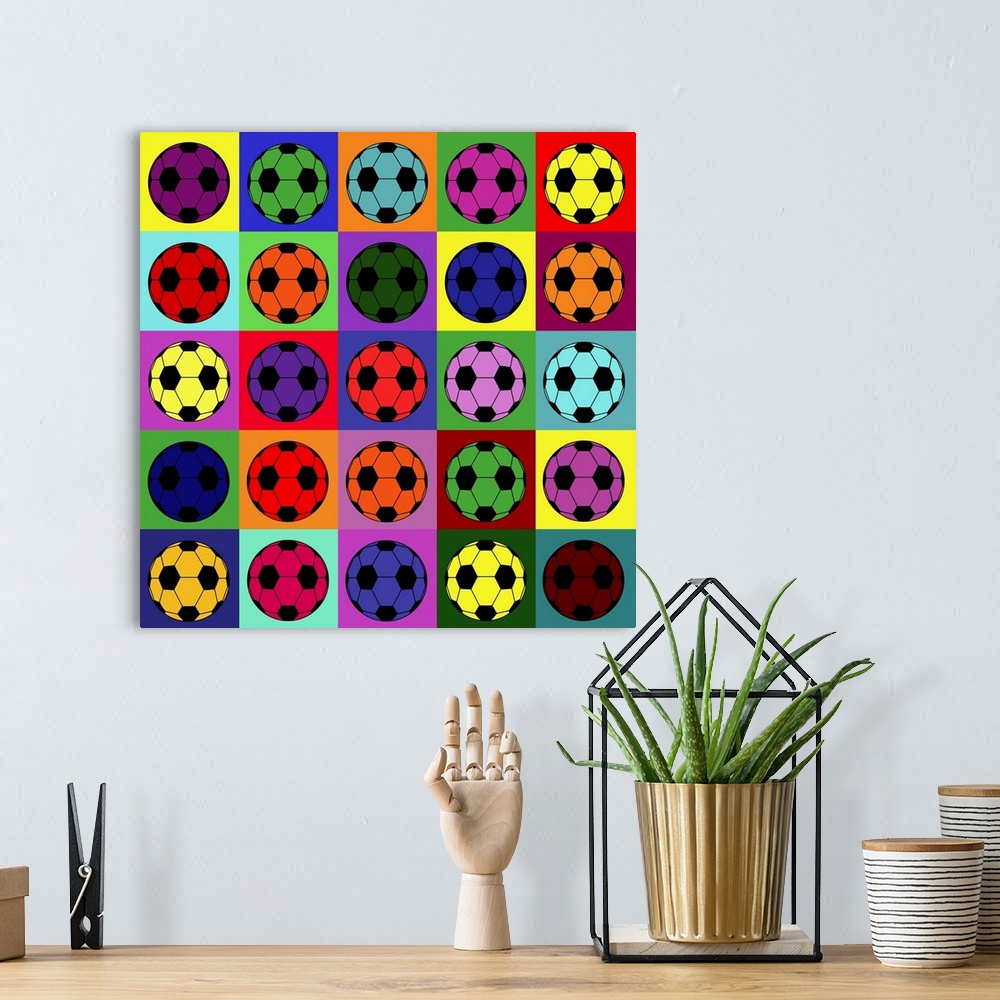 A bohemian room featuring Pop art stylized grid of multi-colored soccer balls