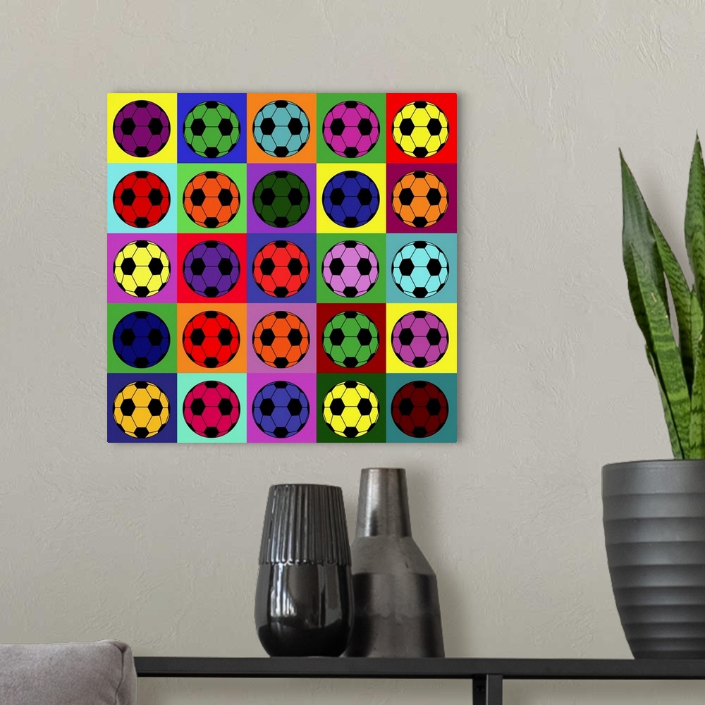 A modern room featuring Pop art stylized grid of multi-colored soccer balls