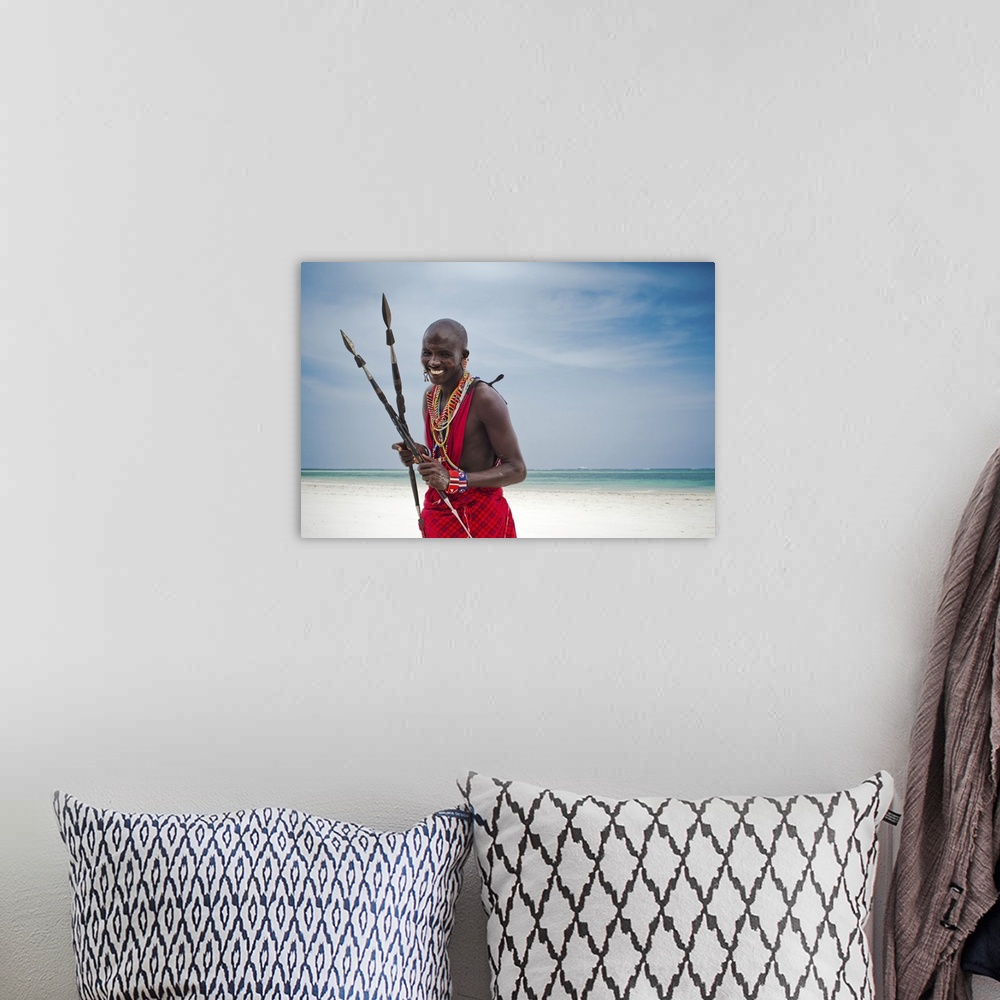 A bohemian room featuring Portrait Of A Maasai Warrior In Africa, Diani Beach