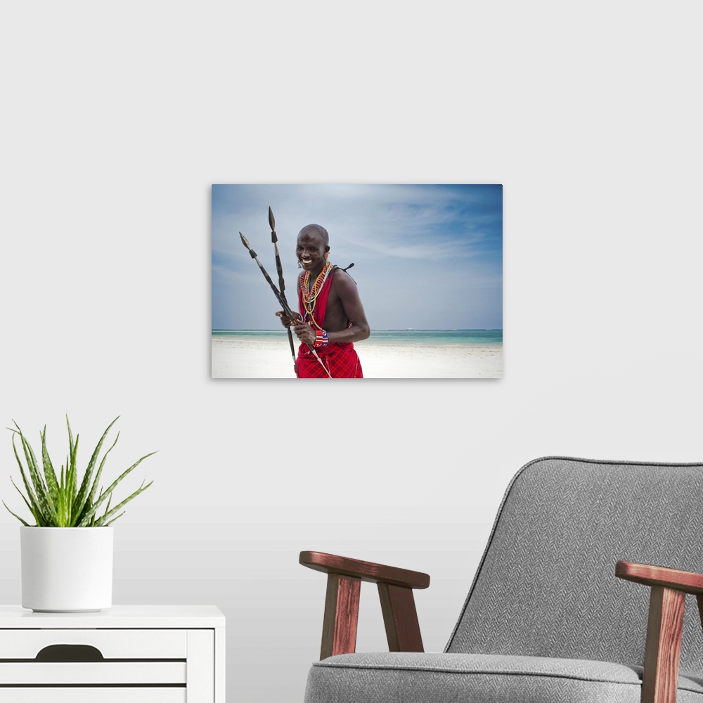A modern room featuring Portrait Of A Maasai Warrior In Africa, Diani Beach