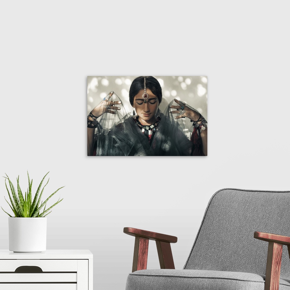 A modern room featuring Portrait Of Beautiful Young Woman With Ethnical Accessories