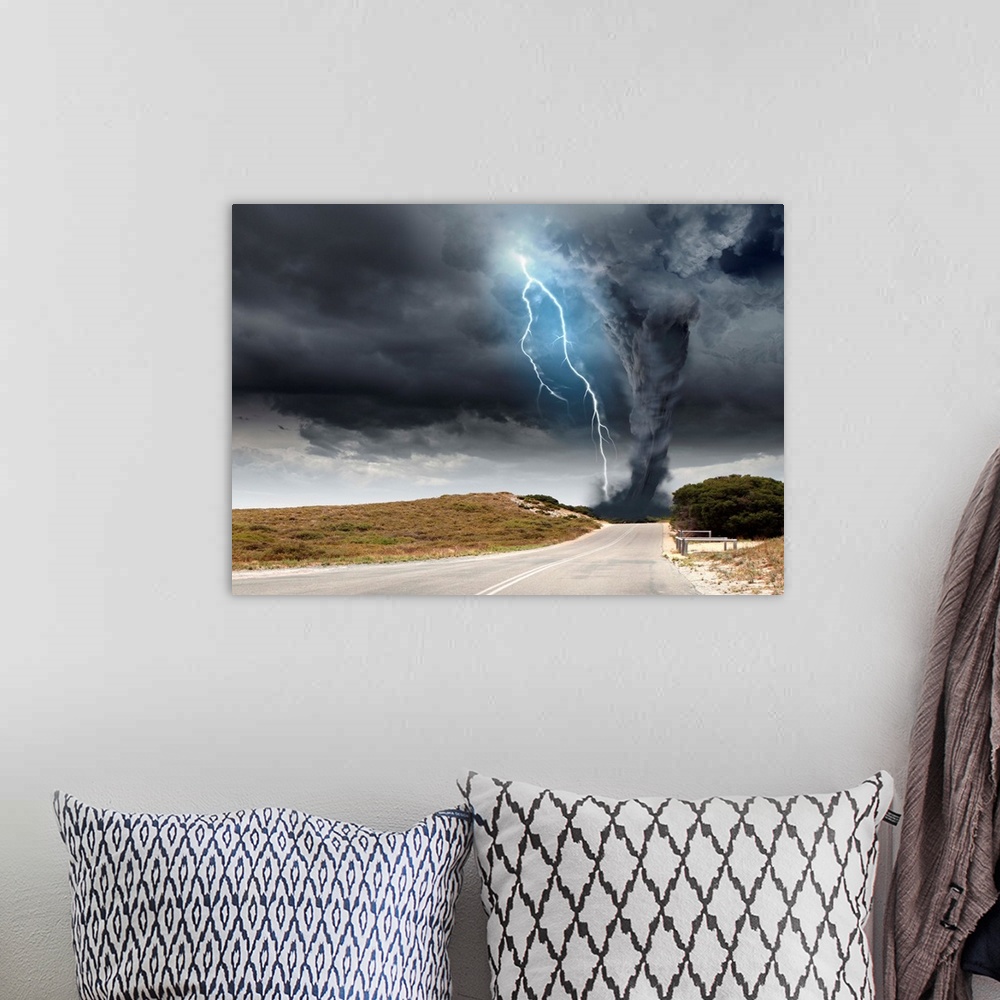 A bohemian room featuring Powerful tornado and lightning above countryside road.