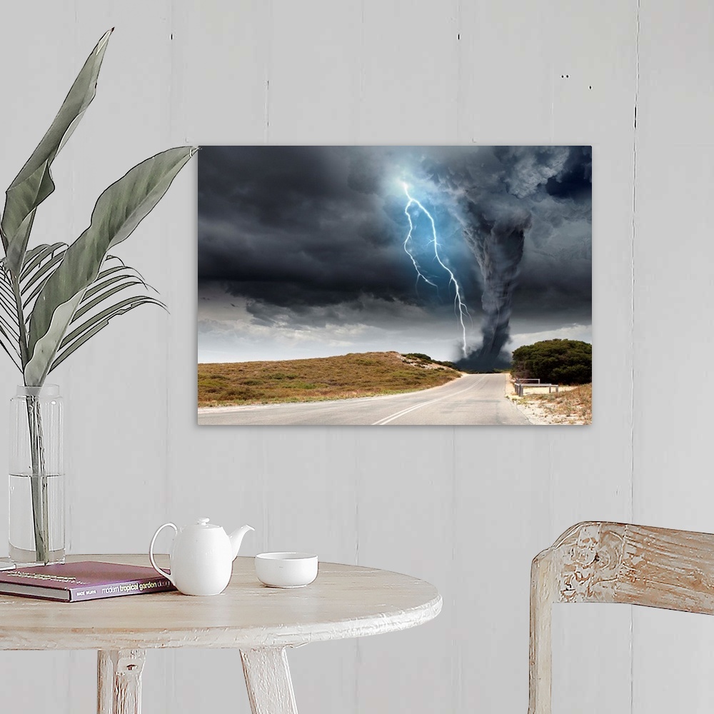 A farmhouse room featuring Powerful tornado and lightning above countryside road.