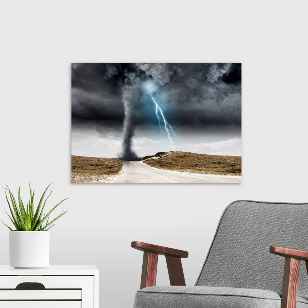 A modern room featuring Powerful tornado and lightning above countryside road.