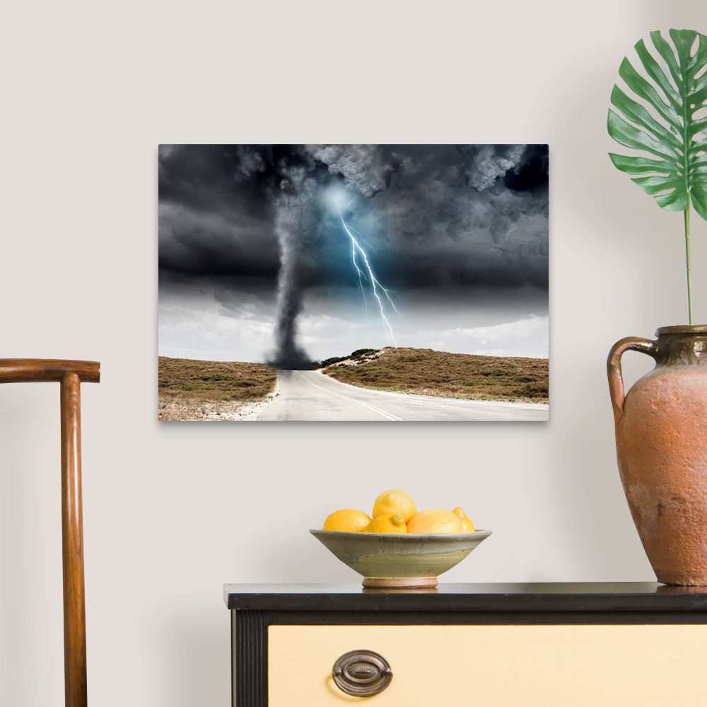 A traditional room featuring Powerful tornado and lightning above countryside road.