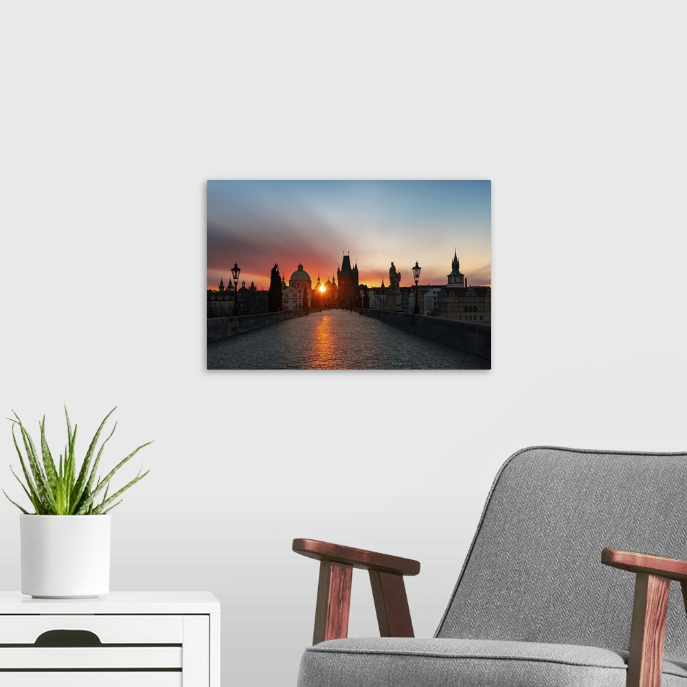 A modern room featuring Prague Skyline With Historical Buildings At Sunrise In Czech Republic