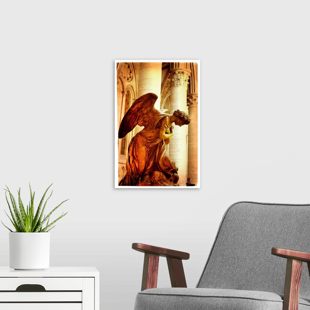 A modern room featuring praying angel -  artistic picture in retro style