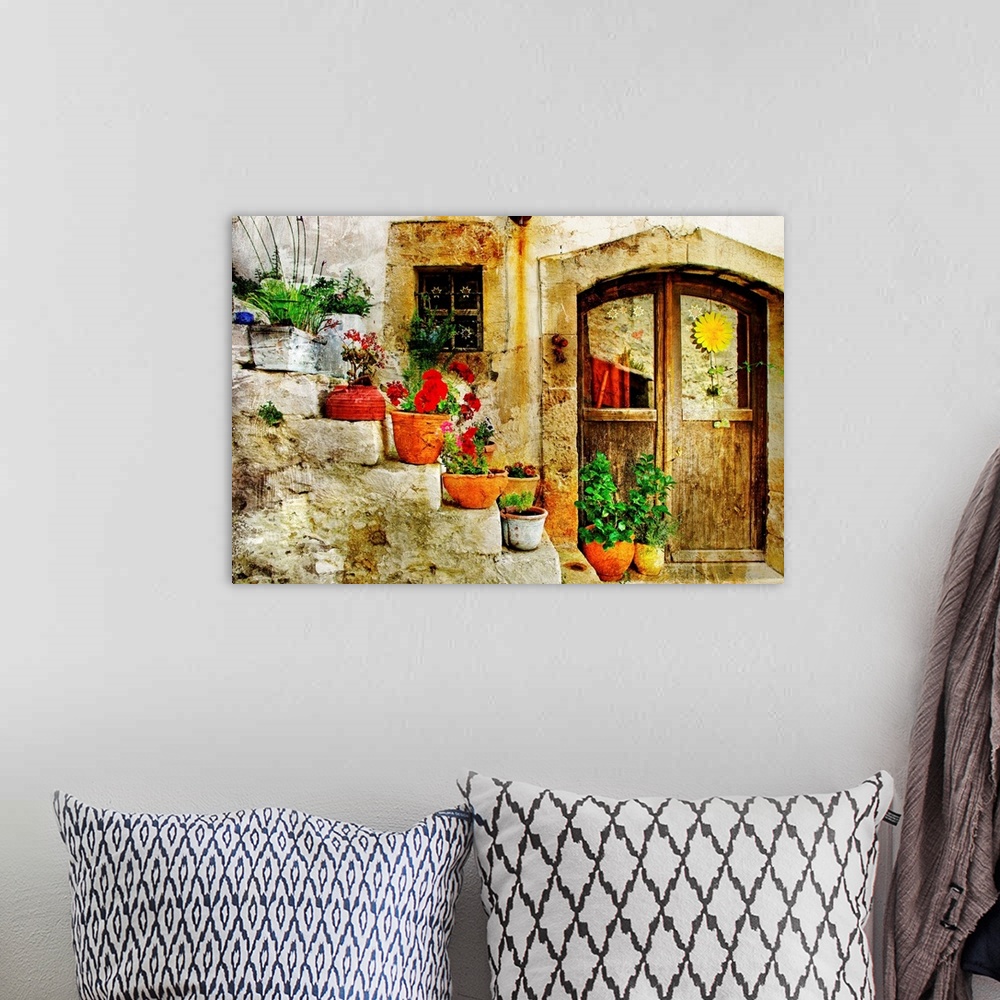 A bohemian room featuring pretty village greek style - artwork in retro style