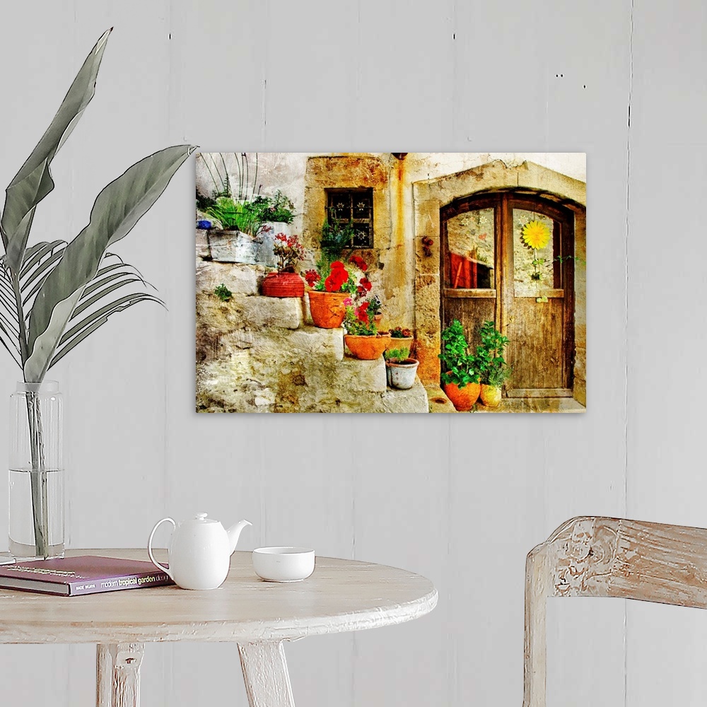 A farmhouse room featuring pretty village greek style - artwork in retro style