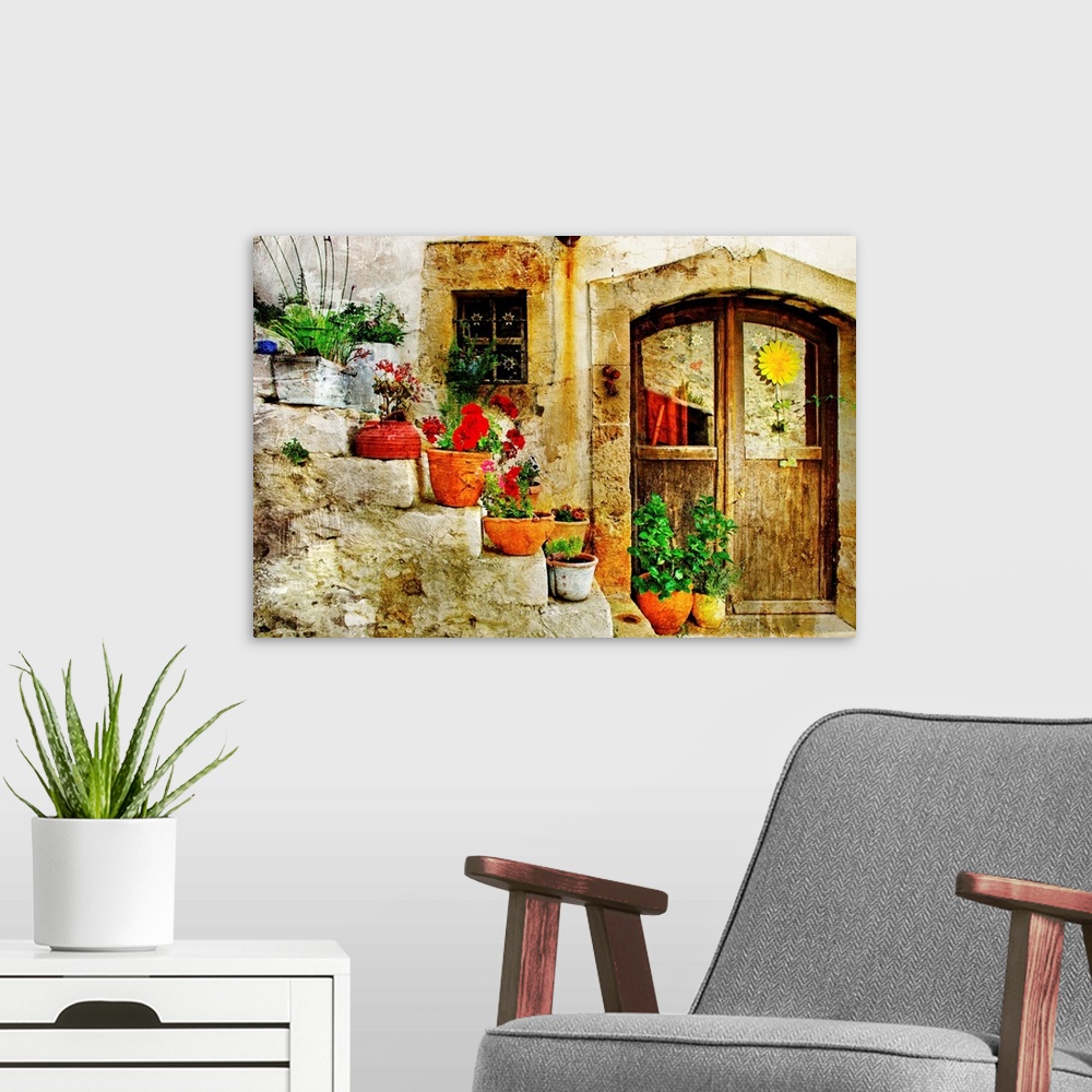 A modern room featuring pretty village greek style - artwork in retro style