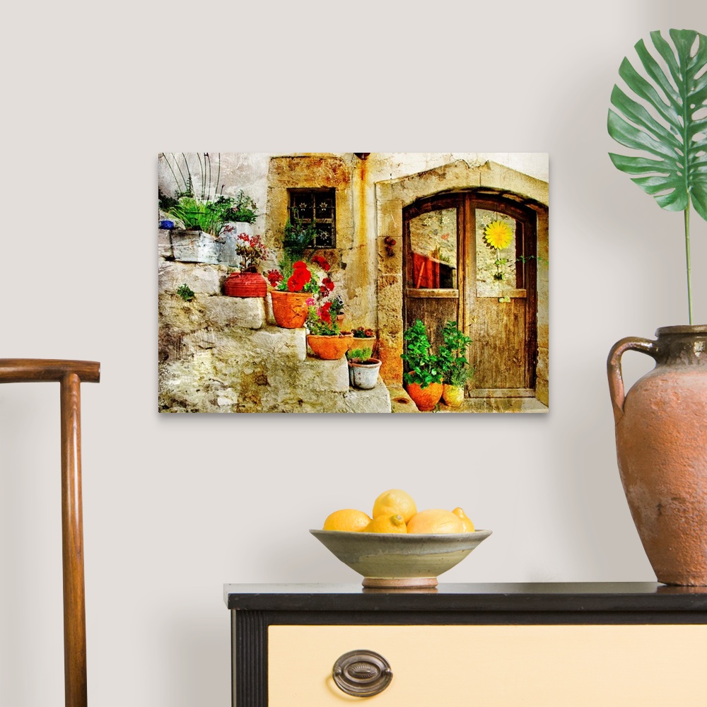 A traditional room featuring pretty village greek style - artwork in retro style